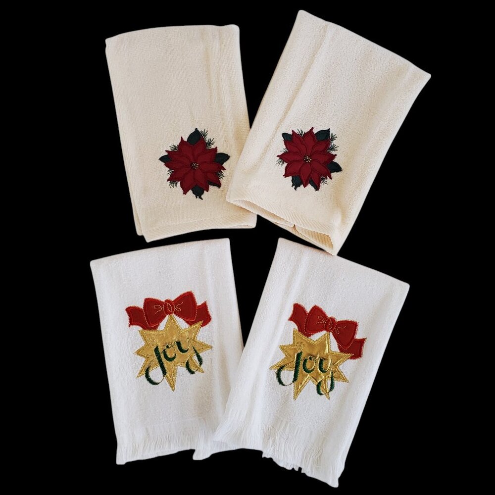 Christmas Holiday 4 Fingertip Guest Towels Applique Poinsettia Star White Cream